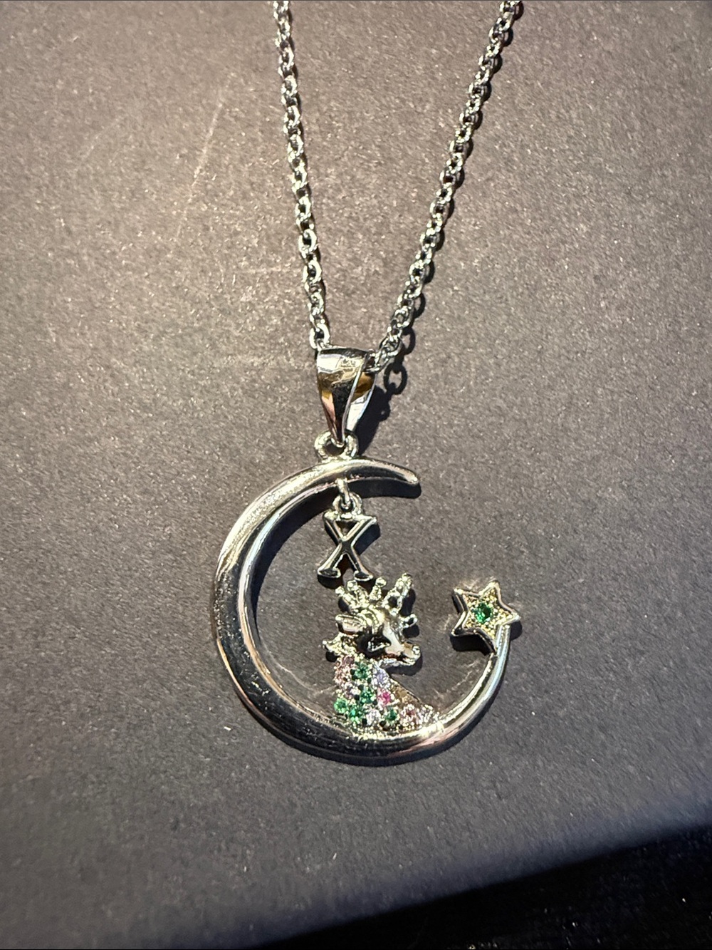 Silver Moon Unicorn Initial “X” Green and Pink Gem Stone Pendant Necklace